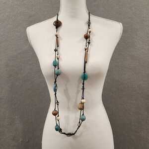 Bohemian Beaded Necklace Long Adjustable Wood Turquoise Blue‎ Stone Coin Pendant